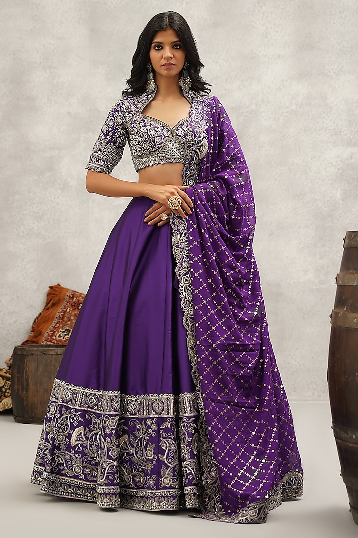 Purple Raw Silk Hand & Machine Embroidered Wedding Lehenga Set by Kapda Dori at Pernia's Pop Up Shop