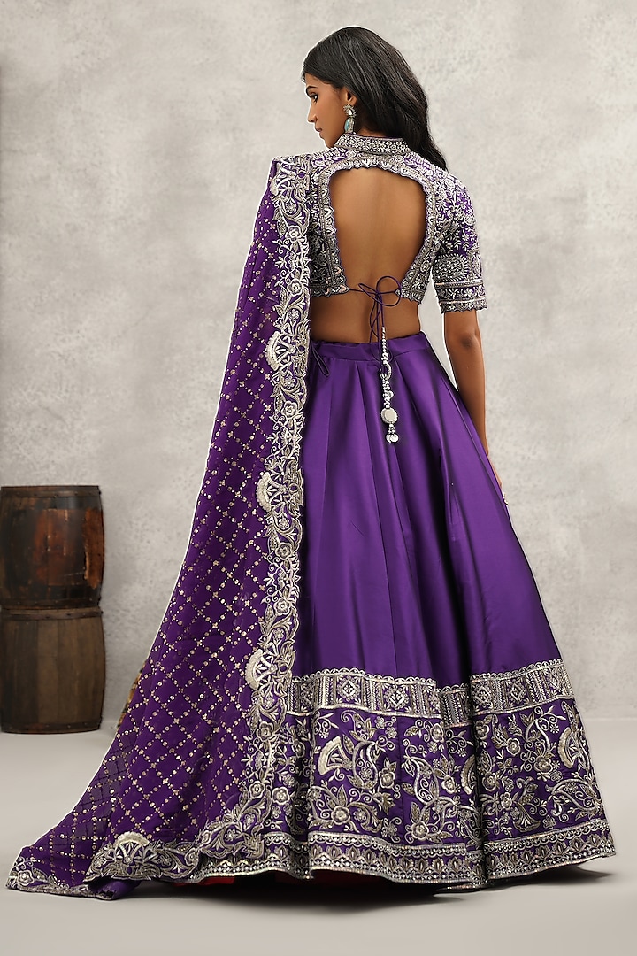 Purple Raw Silk Hand & Machine Embroidered Wedding Lehenga Set by Kapda Dori at Pernia's Pop Up Shop