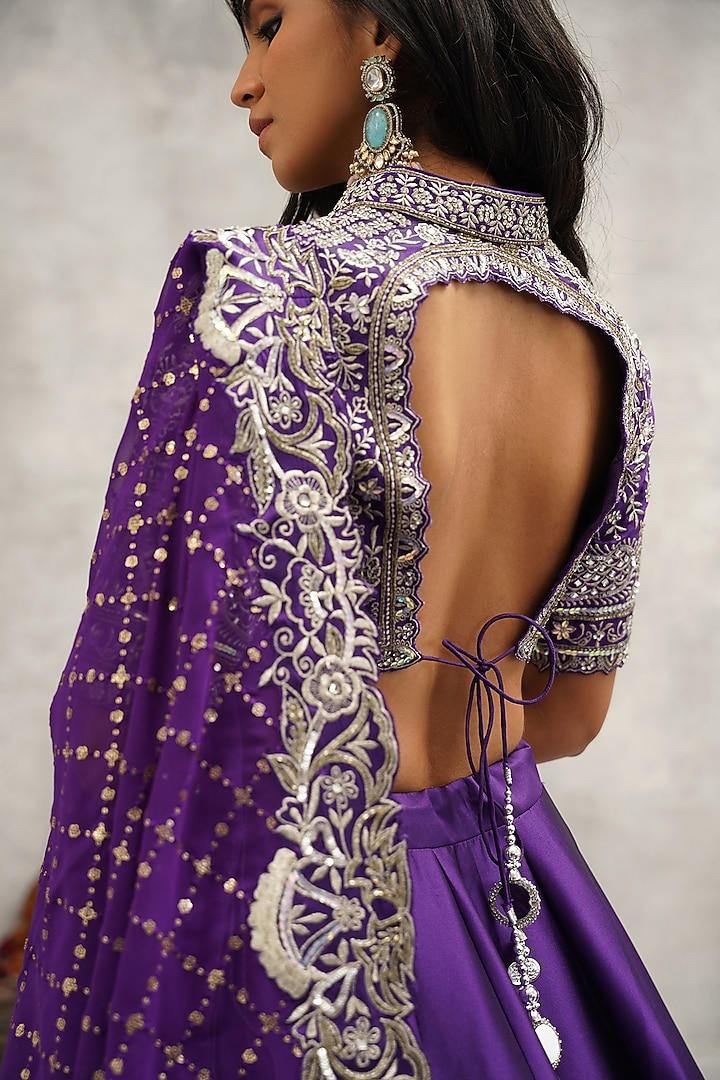 Purple Raw Silk Hand & Machine Embroidered Wedding Lehenga Set by Kapda Dori at Pernia's Pop Up Shop