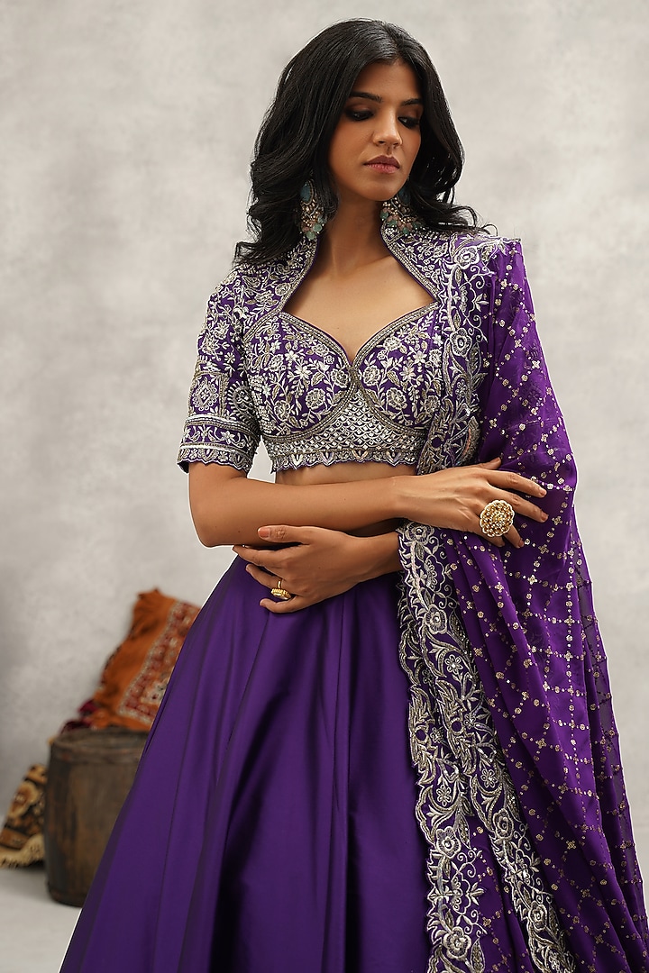 Purple Raw Silk Hand & Machine Embroidered Wedding Lehenga Set by Kapda Dori at Pernia's Pop Up Shop