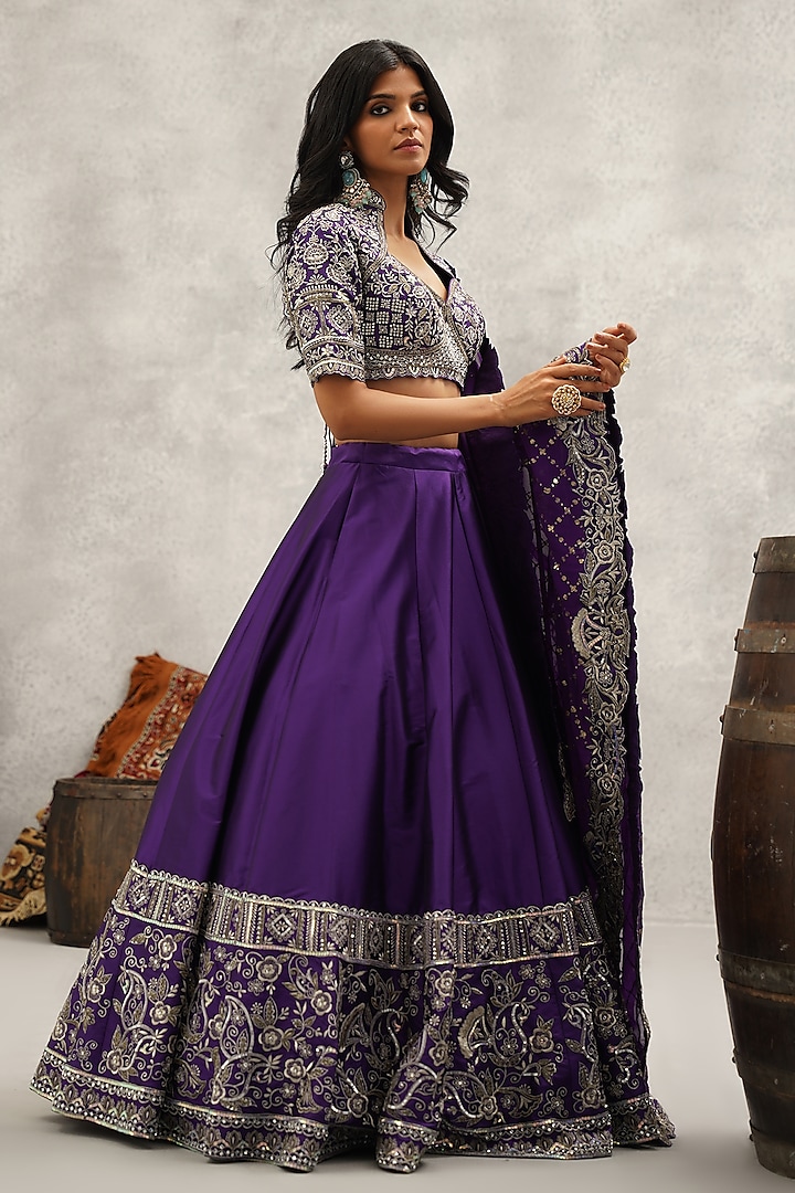 Purple Raw Silk Hand & Machine Embroidered Wedding Lehenga Set by Kapda Dori at Pernia's Pop Up Shop