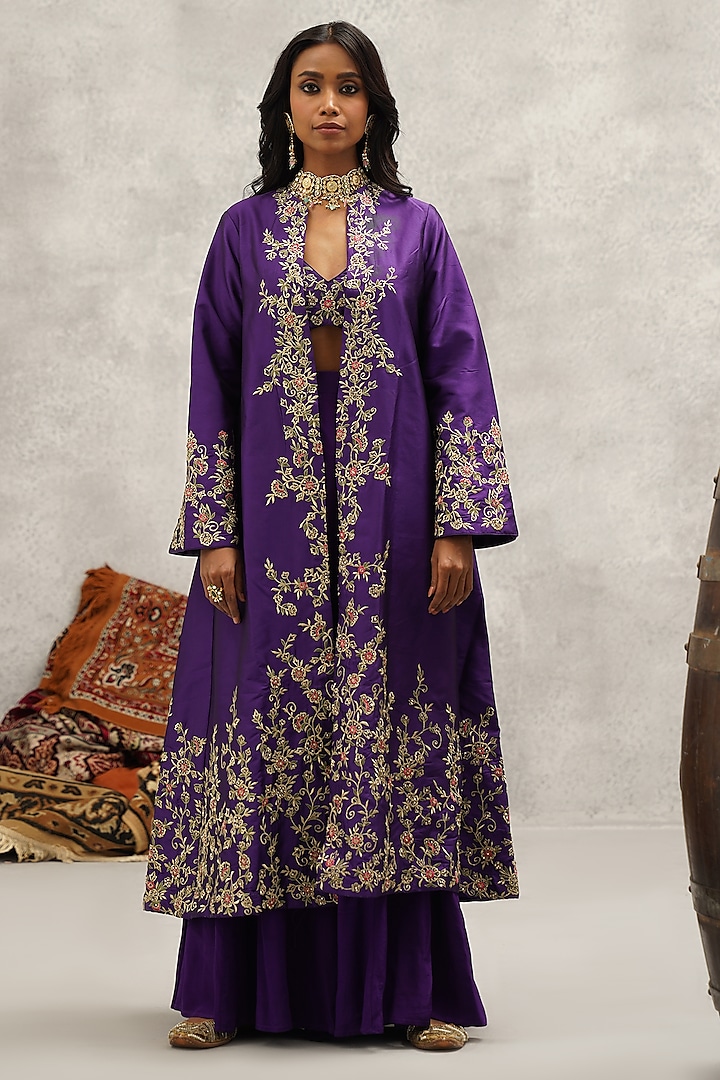 Purple Dupion Silk Hand & Machine Embroidered Jacket Set by Kapda Dori at Pernia's Pop Up Shop