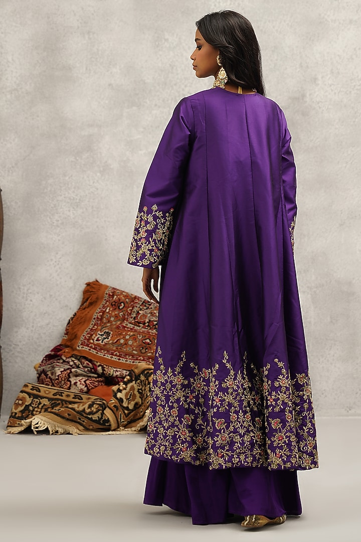 Purple Dupion Silk Hand & Machine Embroidered Jacket Set by Kapda Dori at Pernia's Pop Up Shop