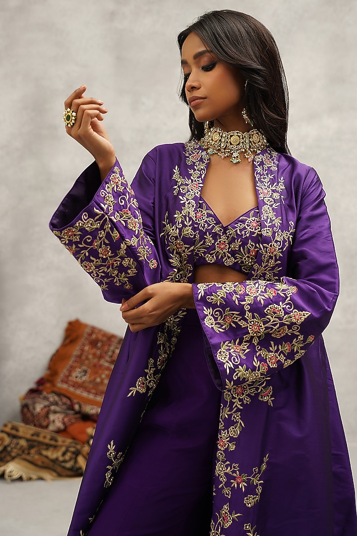Purple Dupion Silk Hand & Machine Embroidered Jacket Set by Kapda Dori at Pernia's Pop Up Shop