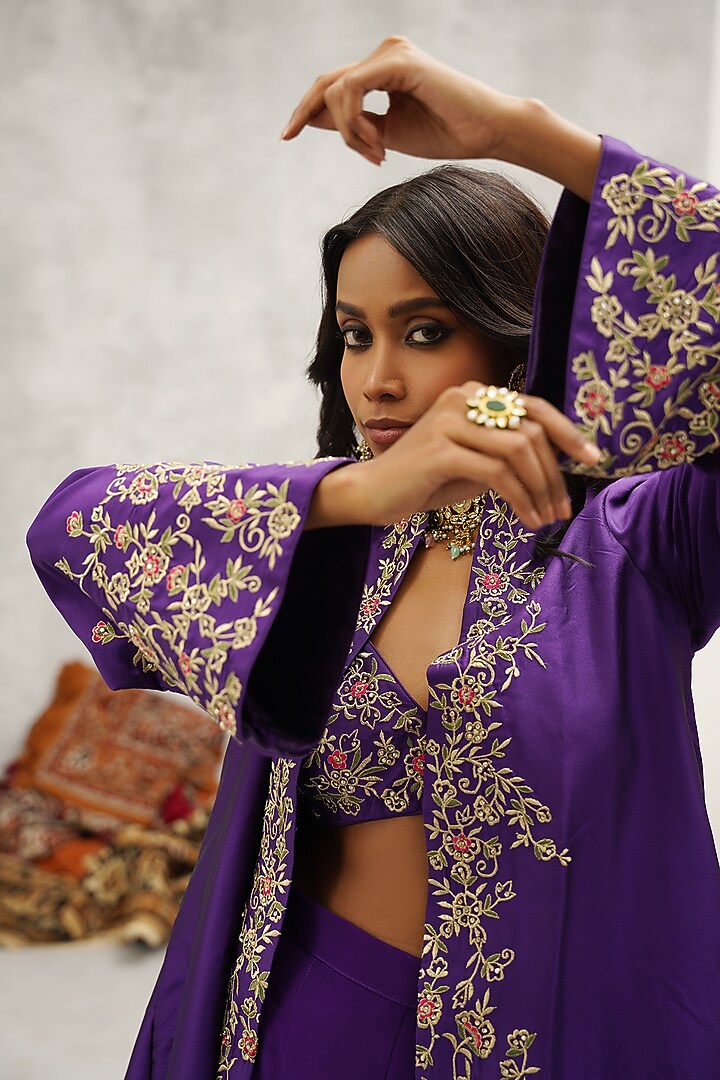 Purple Dupion Silk Hand & Machine Embroidered Jacket Set by Kapda Dori at Pernia's Pop Up Shop