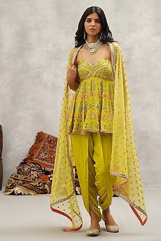 Lime Green Crepe Hand Embroidered Peplum Kurta Set by Kapda Dori