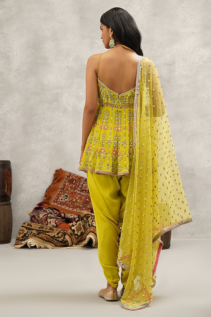 Lime Green Crepe Hand Embroidered Peplum Kurta Set by Kapda Dori at Pernia's Pop Up Shop