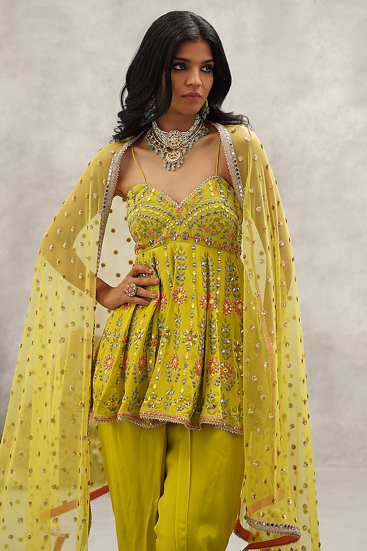 Lime Green Crepe Hand Embroidered Peplum Kurta Set by Kapda Dori at Pernia's Pop Up Shop