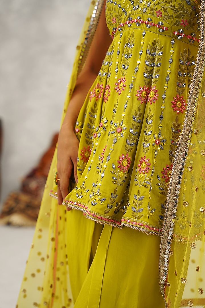 Lime Green Crepe Hand Embroidered Peplum Kurta Set by Kapda Dori at Pernia's Pop Up Shop