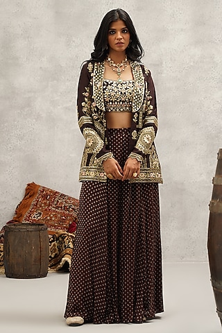 Brown Dupion Silk Hand & Machine Embroidered Jacket Set by Kapda Dori