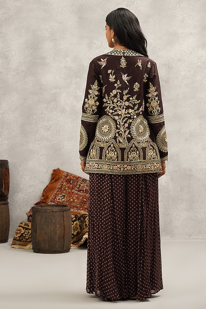 Brown Dupion Silk Hand & Machine Embroidered Jacket Set by Kapda Dori at Pernia's Pop Up Shop