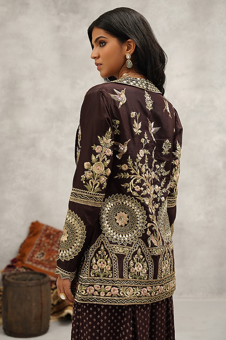 Brown Dupion Silk Hand & Machine Embroidered Jacket Set by Kapda Dori at Pernia's Pop Up Shop