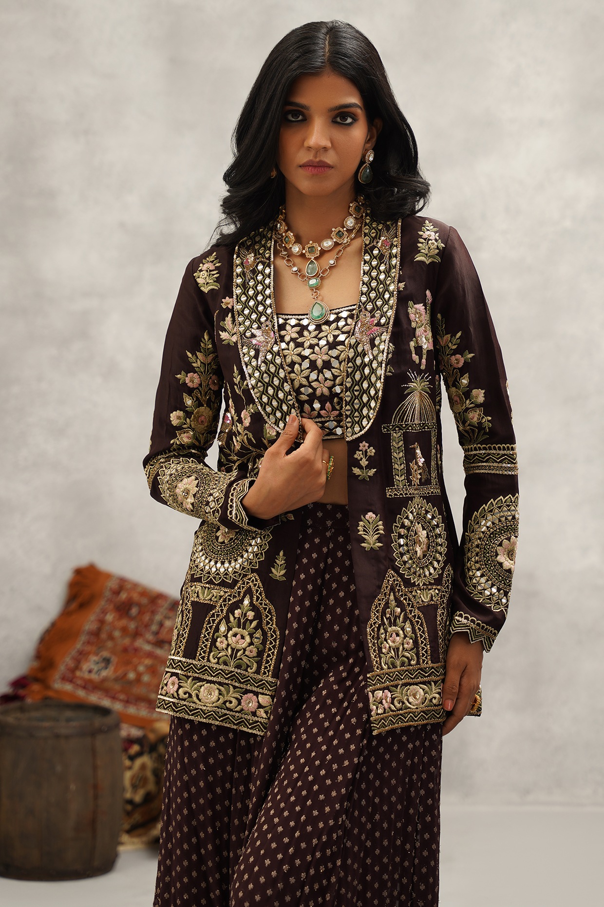 Brown Dupion Silk Hand & Machine Embroidered Jacket Set by