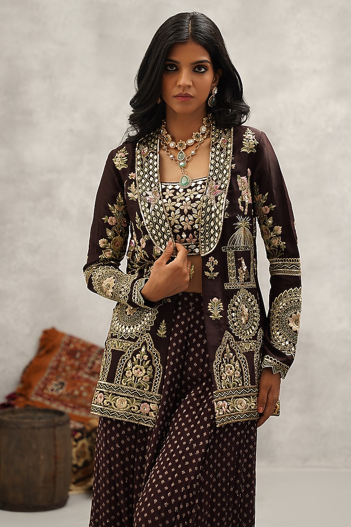 Brown Dupion Silk Hand & Machine Embroidered Jacket Set by Kapda Dori at Pernia's Pop Up Shop