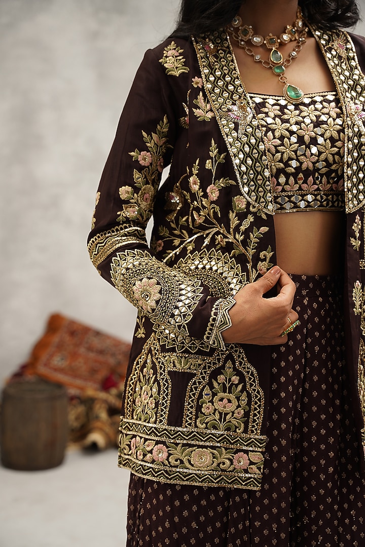 Brown Dupion Silk Hand & Machine Embroidered Jacket Set by Kapda Dori at Pernia's Pop Up Shop