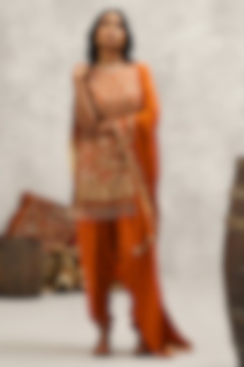 Rust Orange Crepe Hand & Machine Embroidered Peplum Kurta Set by Kapda Dori at Pernia's Pop Up Shop