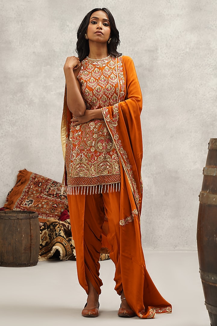 Rust Orange Crepe Hand & Machine Embroidered Peplum Kurta Set by Kapda Dori at Pernia's Pop Up Shop