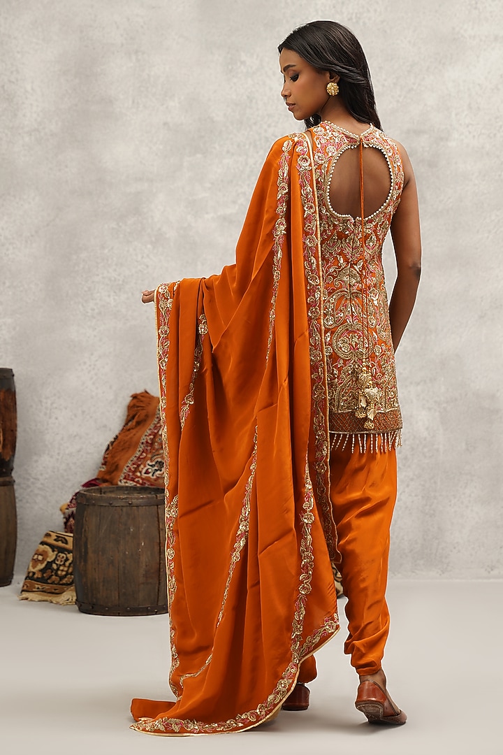 Rust Orange Crepe Hand & Machine Embroidered Peplum Kurta Set by Kapda Dori at Pernia's Pop Up Shop