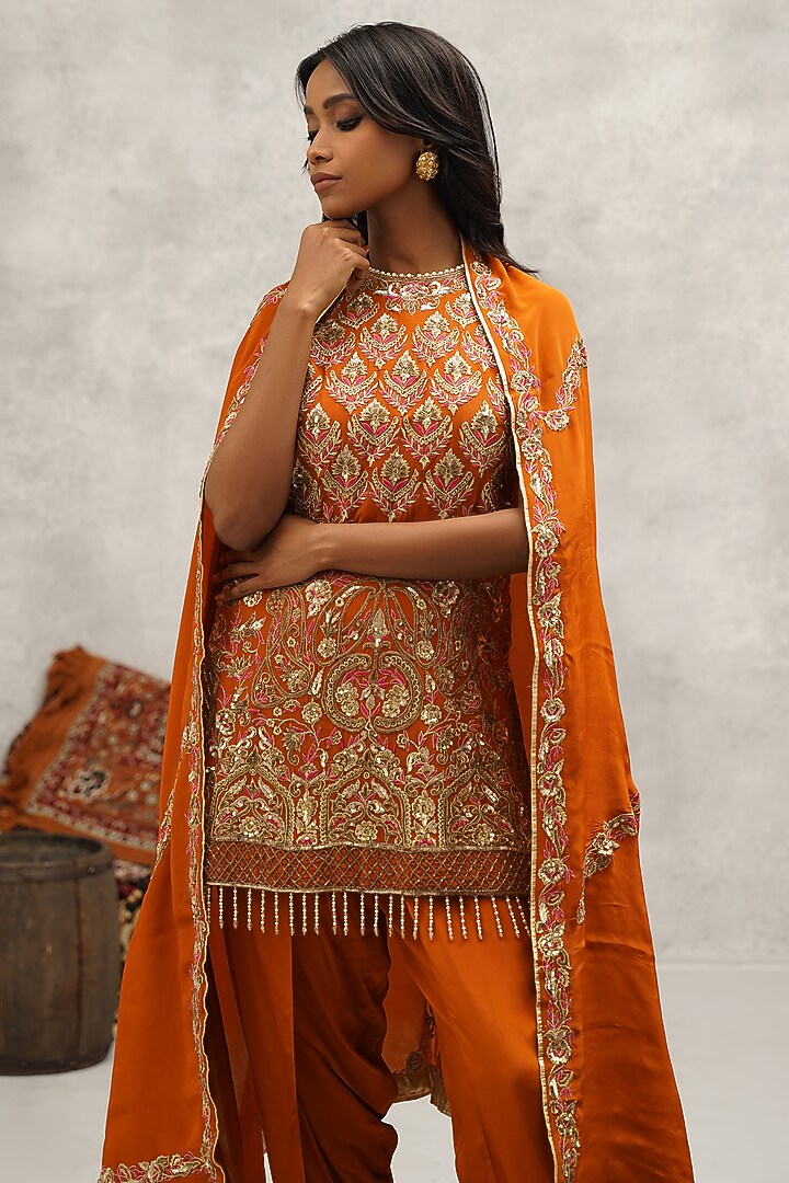 Rust Orange Crepe Hand & Machine Embroidered Peplum Kurta Set by Kapda Dori at Pernia's Pop Up Shop