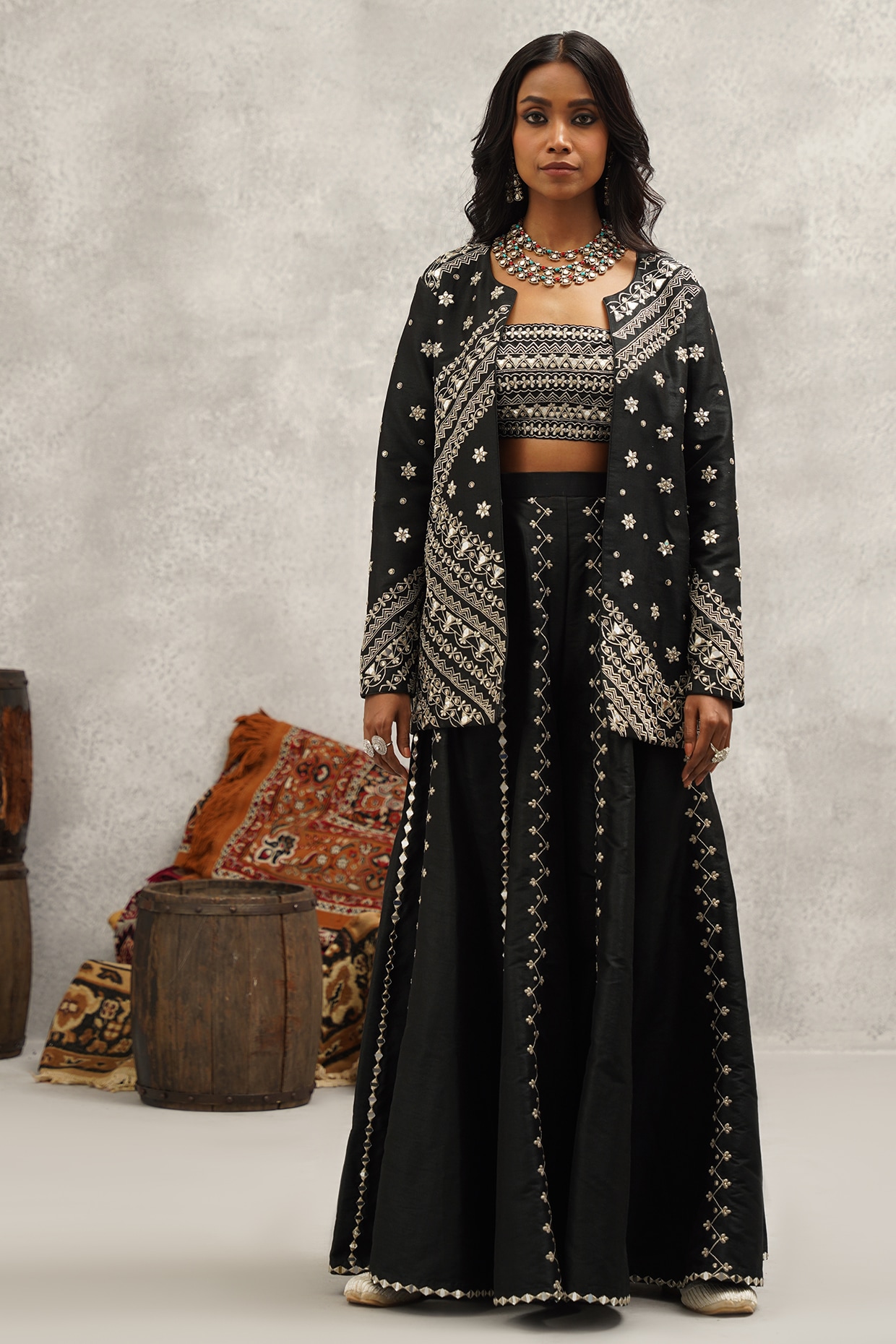 Black Dupion Silk Hand & Machine Embroidered Sharara Set by Kapda