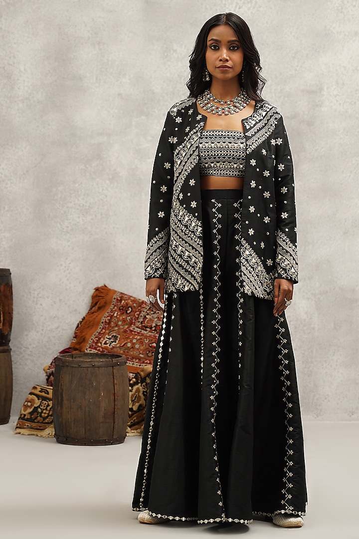 Black Dupion Silk Hand & Machine Embroidered Sharara Set by Kapda Dori at Pernia's Pop Up Shop