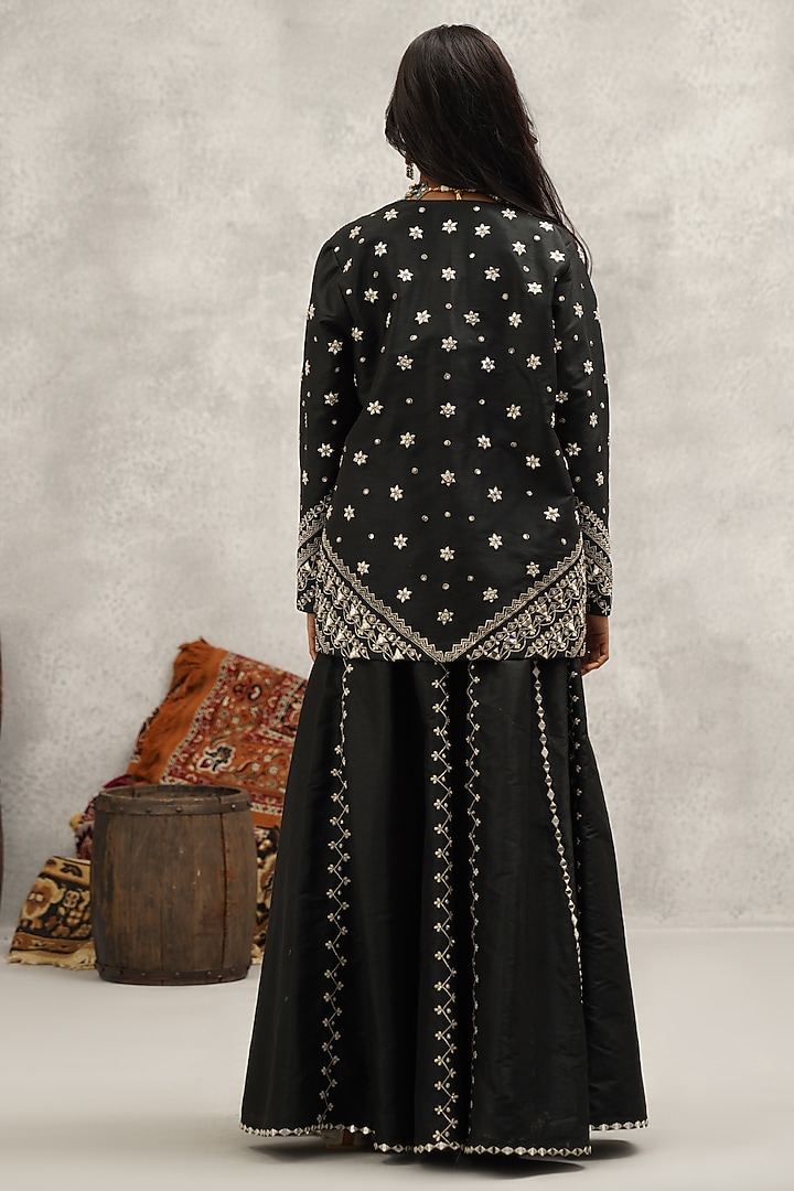 Black Dupion Silk Hand & Machine Embroidered Wedding Sharara Set by Kapda Dori at Pernia's Pop Up Shop