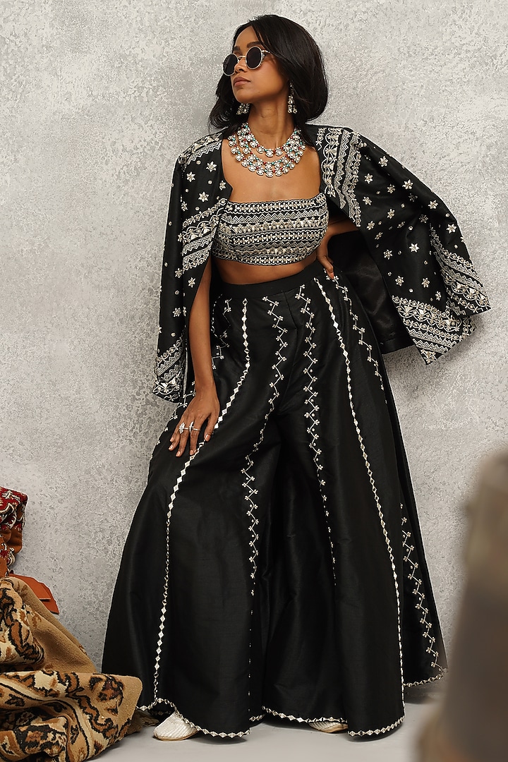 Black Dupion Silk Hand & Machine Embroidered Wedding Sharara Set by Kapda Dori at Pernia's Pop Up Shop