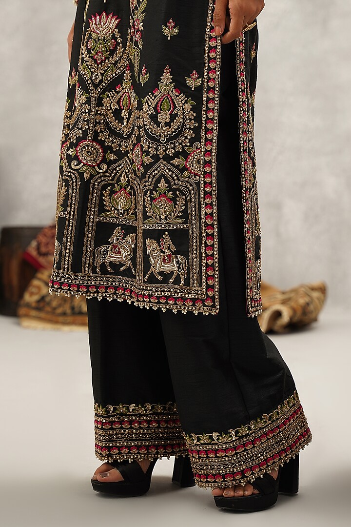 Black Dupion Silk Hand & Machine Embroidered Kurta Set by Kapda Dori at Pernia's Pop Up Shop