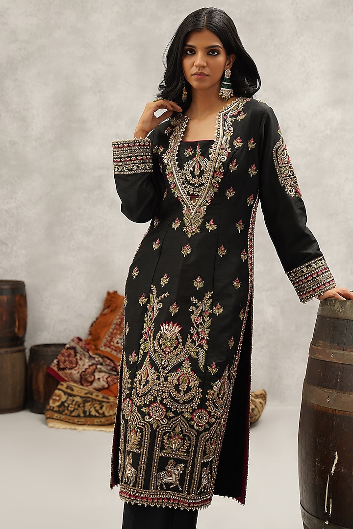 Black Dupion Silk Hand & Machine Embroidered Kurta Set by Kapda Dori at Pernia's Pop Up Shop