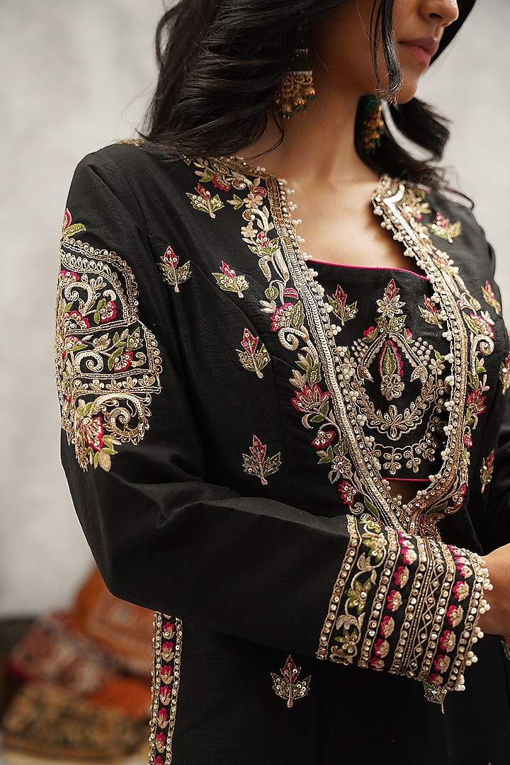 Black Dupion Silk Hand & Machine Embroidered Kurta Set by Kapda Dori at Pernia's Pop Up Shop
