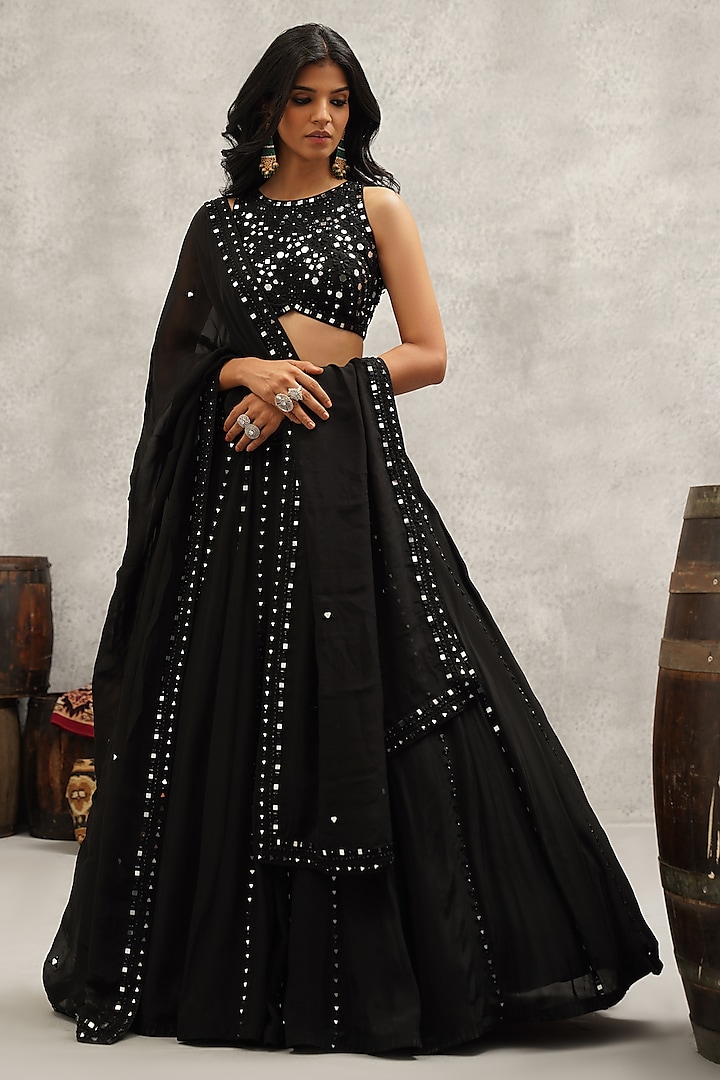 Black Butter Net Mirror Hand & Machine Embroidered Wedding Lehenga Set by Kapda Dori at Pernia's Pop Up Shop