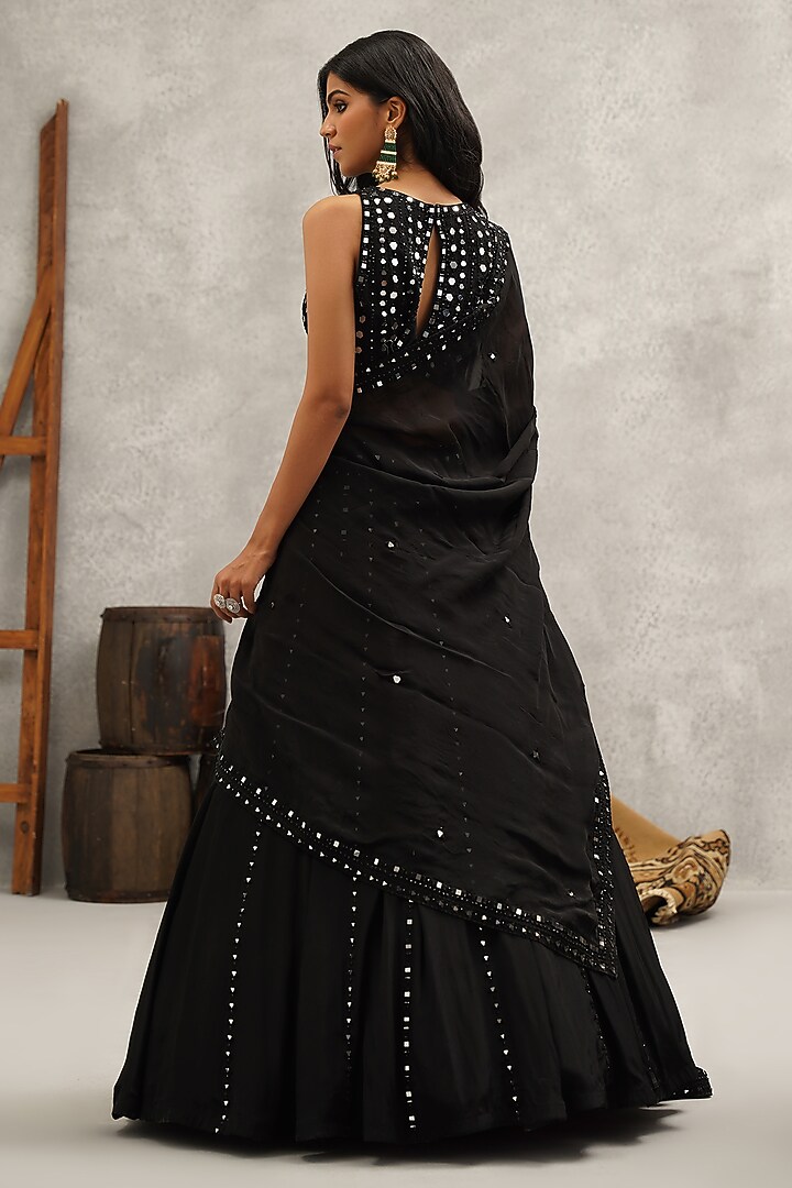 Black Butter Net Mirror Hand & Machine Embroidered Wedding Lehenga Set by Kapda Dori at Pernia's Pop Up Shop