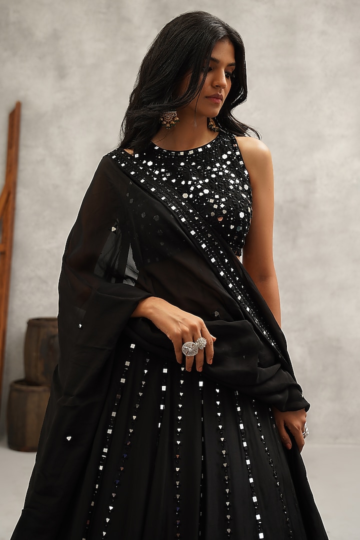 Black Butter Net Mirror Hand & Machine Embroidered Wedding Lehenga Set by Kapda Dori at Pernia's Pop Up Shop