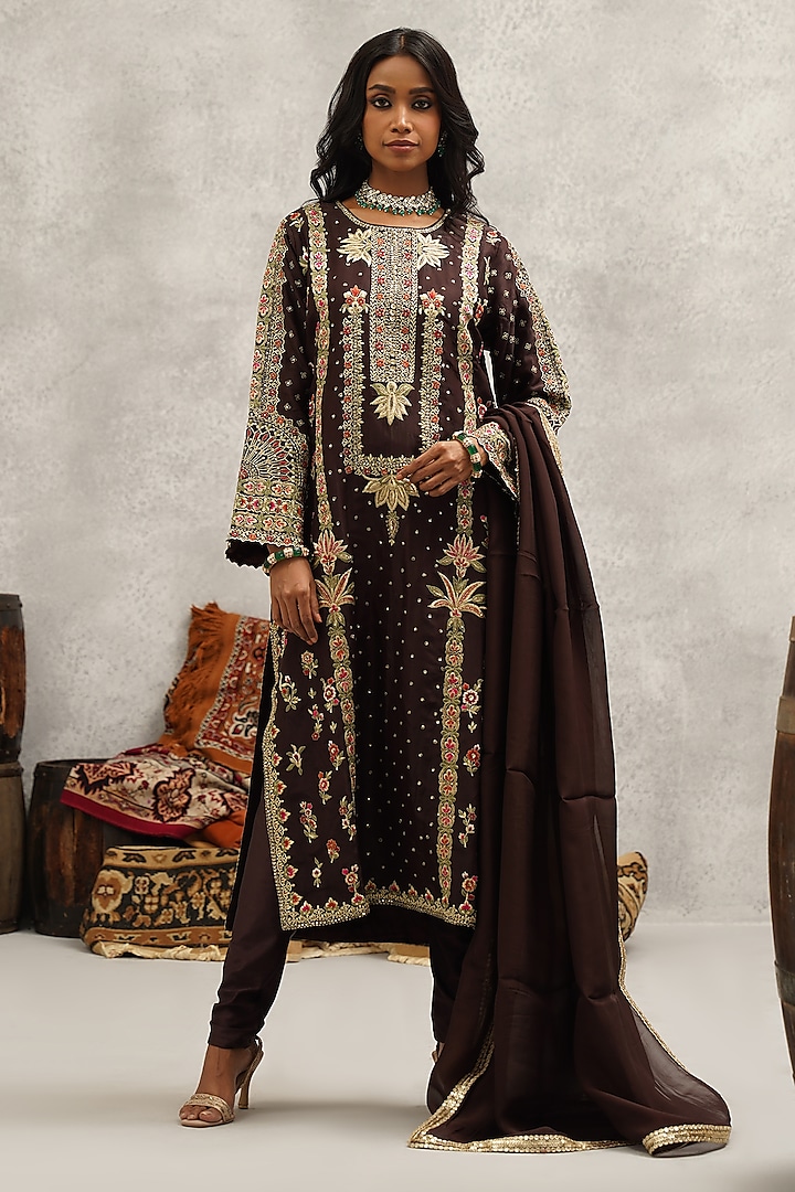 Brown Upada Silk Hand & Machine Embroidered Kurta Set by Kapda Dori at Pernia's Pop Up Shop