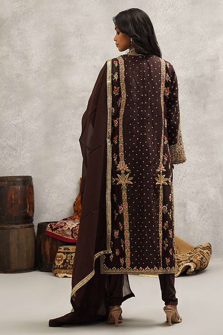 Brown Upada Silk Hand & Machine Embroidered Kurta Set by Kapda Dori at Pernia's Pop Up Shop