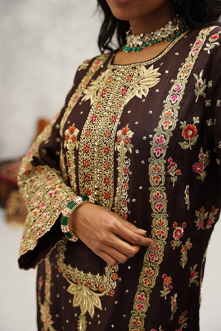Brown Upada Silk Hand & Machine Embroidered Kurta Set by Kapda Dori at Pernia's Pop Up Shop