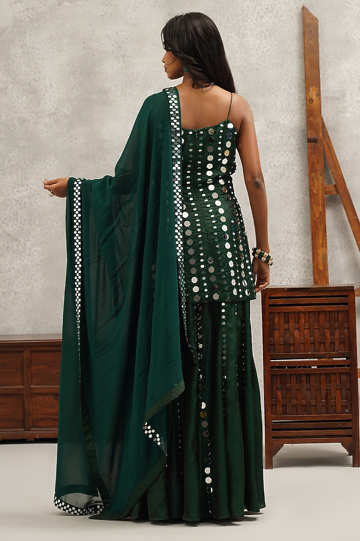 Green Raw Silk Mirror Hand & Machine Embroidered Wedding Sharara Set by Kapda Dori at Pernia's Pop Up Shop