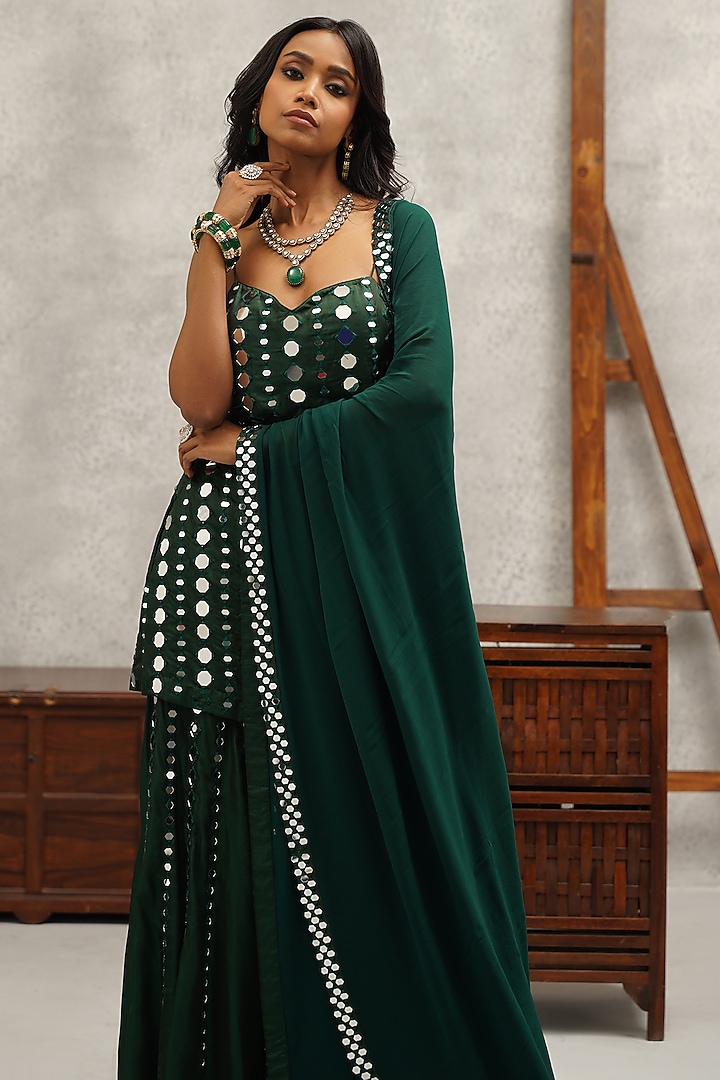 Green Raw Silk Mirror Hand & Machine Embroidered Wedding Sharara Set by Kapda Dori at Pernia's Pop Up Shop