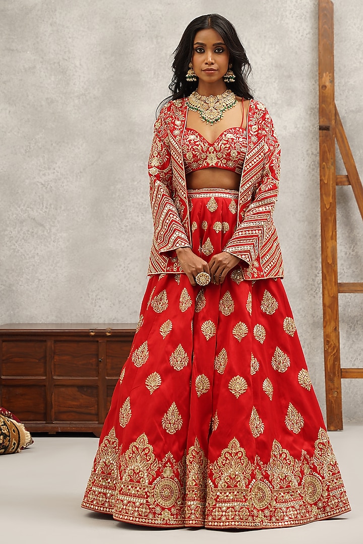 Red Dupion Silk Mirror Hand & Machine Embroidered Jacket Lehenga Set by Kapda Dori