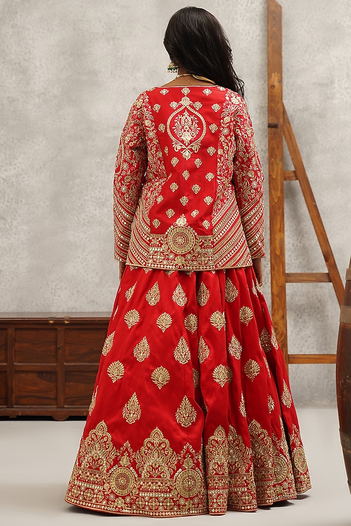 Red Dupion Silk Mirror Hand & Machine Embroidered Jacket Bridal Lehenga Set by Kapda Dori at Pernia's Pop Up Shop