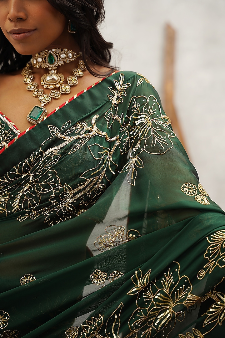 Bottle Green Double Georgette Hand & Machine Embroidered Wedding Saree Set by Kapda Dori at Pernia's Pop Up Shop
