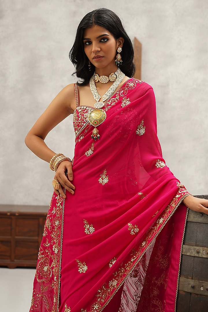 Fuchsia Georgette Hand Machine Embroidered Saree Set by Kapda