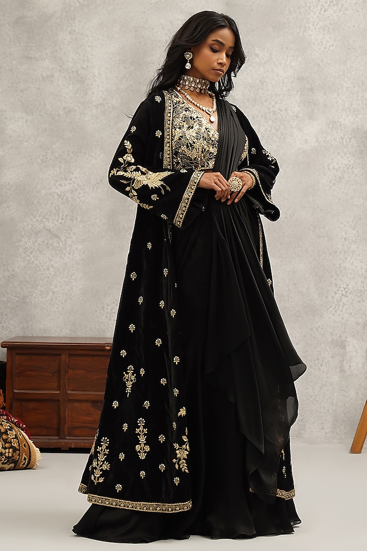 Black Satin Chinon Hand & Machine Embroidered Jacket Saree Set by Kapda Dori at Pernia's Pop Up Shop