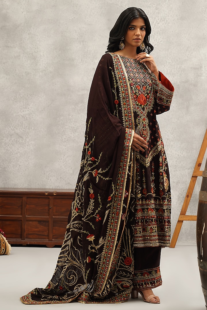 Brown Upada Silk Hand & Machine Embroidered Kurta Set by Kapda Dori at Pernia's Pop Up Shop