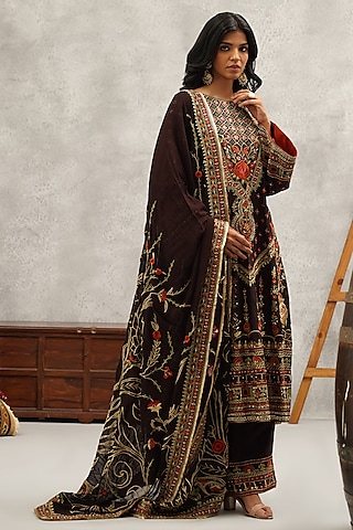 Brown Upada Silk Hand & Machine Embroidered Kurta Set by Kapda Dori