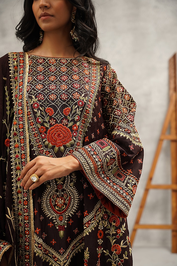 Brown Upada Silk Hand & Machine Embroidered Kurta Set by Kapda Dori at Pernia's Pop Up Shop