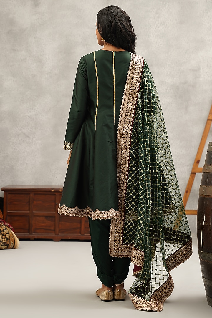 Bottle Green Malai Silk Hand & Machine Embroidered Kurta Set by Kapda Dori at Pernia's Pop Up Shop
