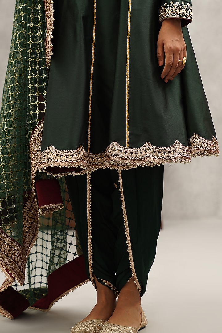 Bottle Green Malai Silk Hand & Machine Embroidered Kurta Set by Kapda Dori at Pernia's Pop Up Shop