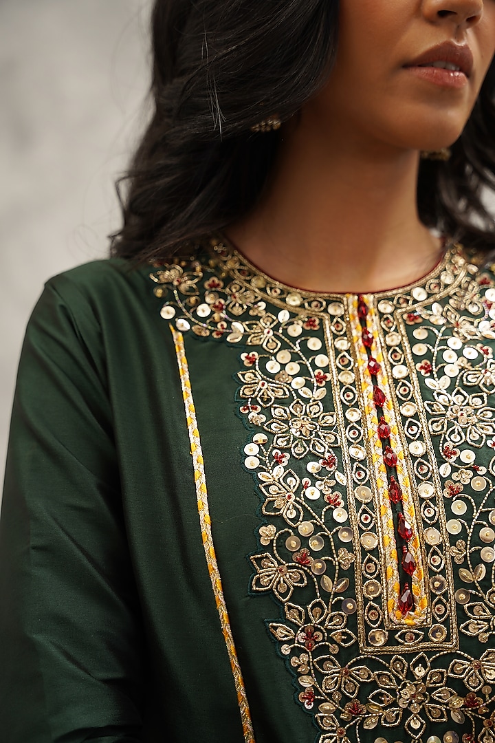 Bottle Green Malai Silk Hand & Machine Embroidered Kurta Set by Kapda Dori at Pernia's Pop Up Shop