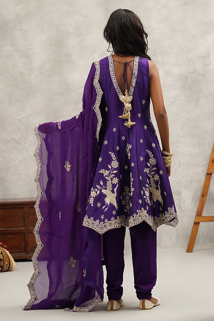 Purple Upada Silk Hand & Machine Embroidered Wedding Anarkali Set by Kapda Dori at Pernia's Pop Up Shop